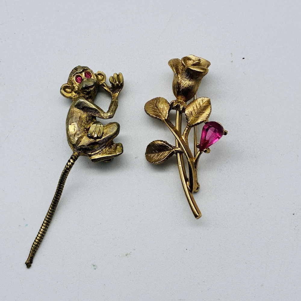 Vintage Avon Rose Brooch and Monkey Pin Lot Gold Tone Pink Red Rhinestone Pins
